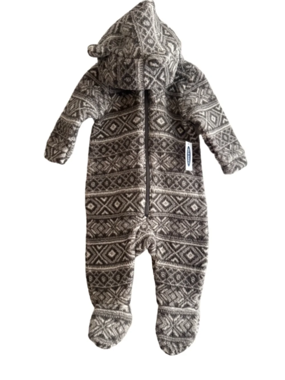 NWT Old Navy Baby Hooded Critter Footed One-Piece Bear-Isle fair isle pattern